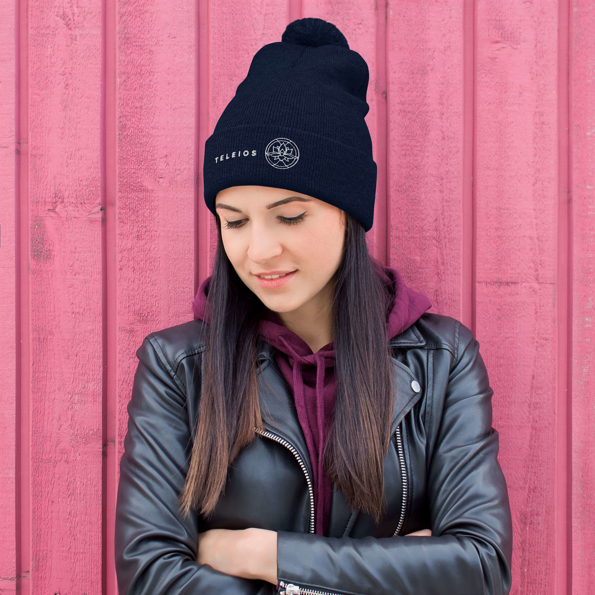 Teleios Fit Embroidered Pom-Pom Beanie - White Thread